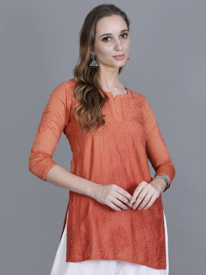 SHREE SHYAM FEBRIC Women Chikan Embroidery Straight Kurta(Orange)