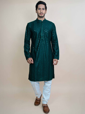 Radharaman Men Embellished A-line Kurta(Green)