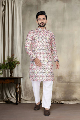 VALAKI Men Printed Straight Kurta(Blue)