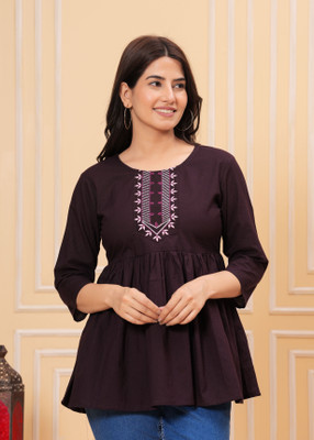 CHECHI Women Embroidered A-line Kurta(Brown)