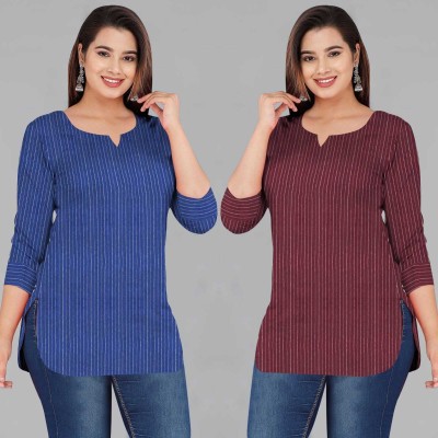 Munibaas Women Striped Straight Kurta(Blue, Maroon)