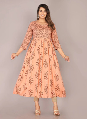 HouseOfCommon Women Printed Anarkali Kurta(Orange)