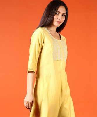 V-MART Women Self Design A-line Kurta(Yellow)