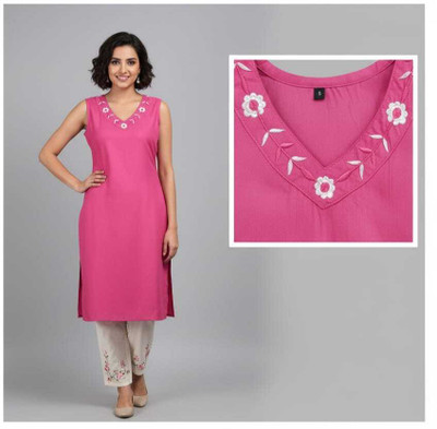 eqsha Women Embroidered, Solid A-line Kurta(Pink)