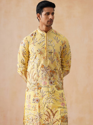 Jompers Men Embroidered Straight Kurta(Yellow)
