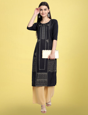 1 Stop Fashion Women Printed Straight Kurta(Black)