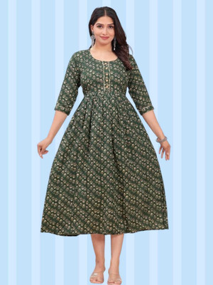 HOUSE OFF COMMON Women Printed Anarkali Kurta(Green)