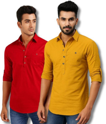 VIMASUTI Men Solid Straight Kurta(Red, Yellow)