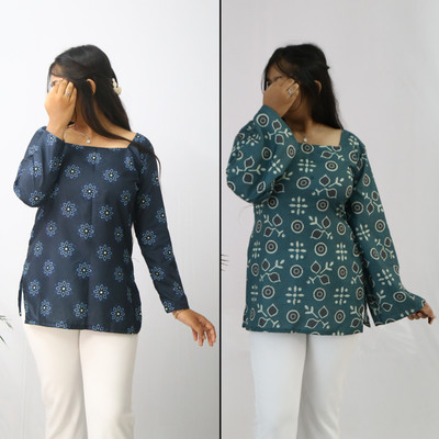 aanzri Women Printed, Geometric Print A-line Kurta(Dark Blue)