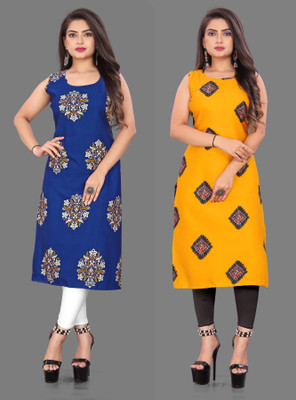 maruti fab Women Printed Straight Kurta(Blue, Yellow)