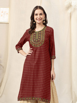 MIRCHI FASHION Women Embroidered, Embellished Straight Kurta(Maroon, Yellow, Green)