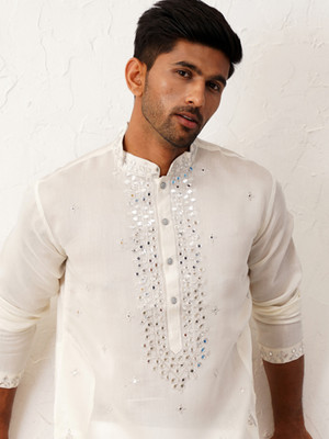 Jompers Men Embroidered Straight Kurta(White)