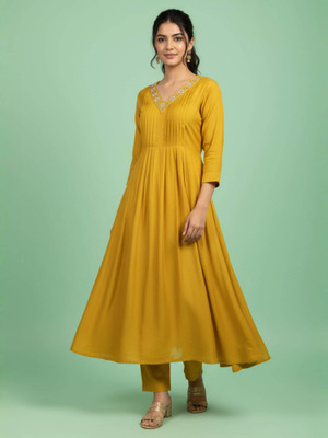 stitch haven Women Solid, Embroidered, Self Design Flared Kurta(Yellow)