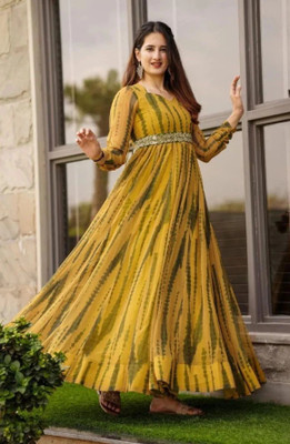 KRULRIN Women Printed Anarkali Kurta(Yellow)