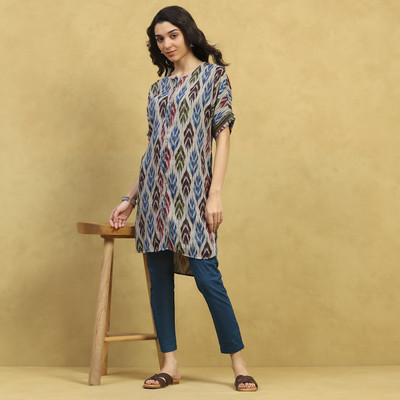 RANGRITI Women Printed Straight Kurta(Grey)