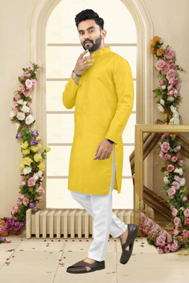 Shree Dutt Creation Men Solid Straight Kurta(Yellow)