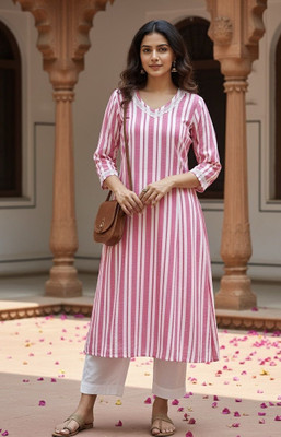 ETHNICCLOTHES Women Striped A-line Kurta(Pink)