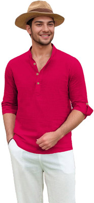 indirae Men Solid A-line Kurta(Pink)