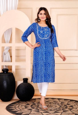 monika fashion Women Printed Straight Kurta(Dark Blue, White)