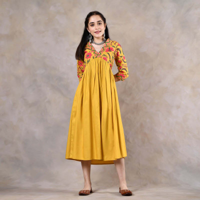 hardik fab Women Printed Ethnic Dress Kurta(Yellow, Dark Green, Pink)