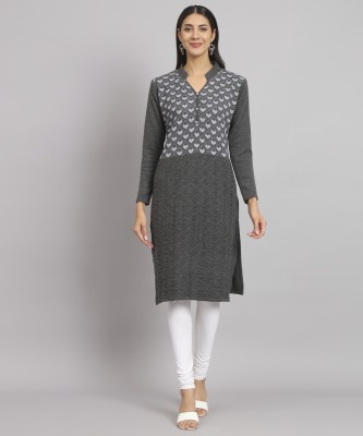 Krew Women Self Design Straight Kurta(Grey)