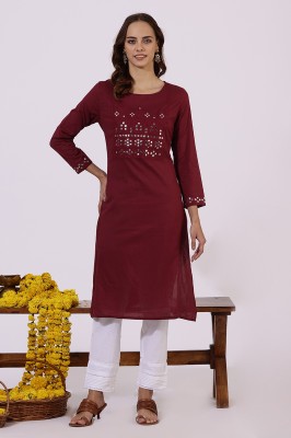 W Women Embellished Straight Kurta(Maroon)