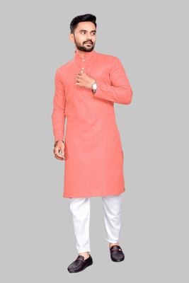 vuriq Men Striped Straight Kurta(Pink)