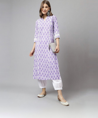 Ethnic Lady Women Floral Print Straight Kurta(Purple)
