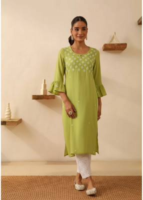 Roop Women Chikan Embroidery A-line Kurta(Light Green)