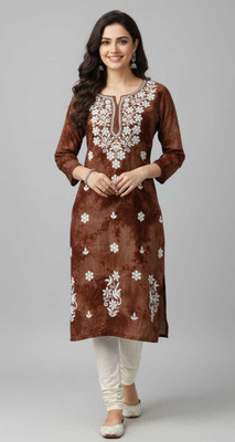 Awadh chikankari art Women Embroidered, Dyed/Ombre A-line Kurta(Brown)