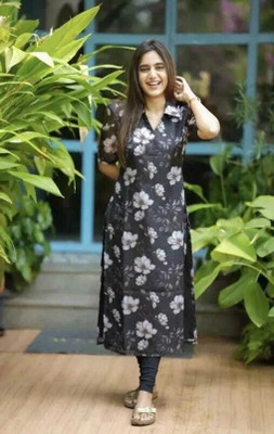 Porus Exim Women Printed A-line Kurta(Black)