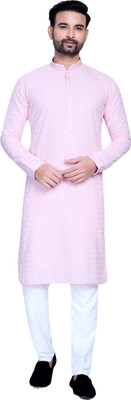 Anadhya Men Self Design Straight Kurta(Pink)