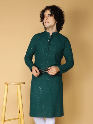 SELERSATHI Men Embellished Straight Kurta(Dark Green)