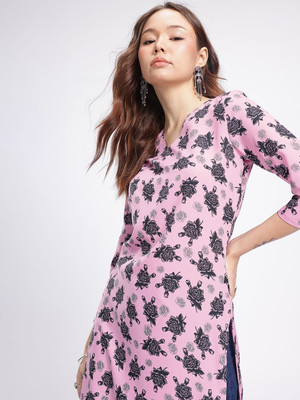 Anouk Rustic Women Floral Print Straight Kurta(Pink, Black)