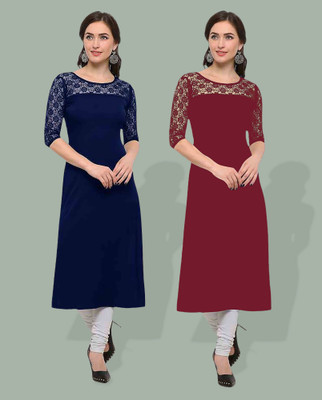 Maheshvi Women Solid Straight Kurta(Dark Blue, Maroon)