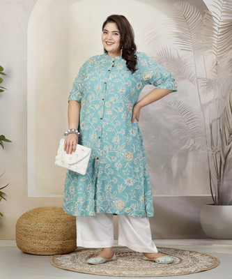 Little More By Stylum Women Floral Print A-line Kurta(Blue)