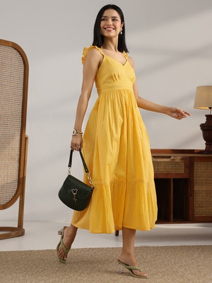LIBAS Women Solid Flared Kurta(Yellow)