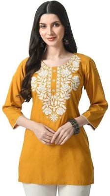 KIROTO Women Embroidered Ethnic Dress Kurta(Yellow)