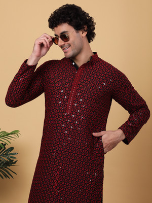 ANOUK Men Embroidered Straight Kurta(Red)