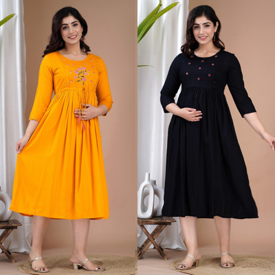 TRY ME Women Embroidered Anarkali Kurta(Yellow, Black)