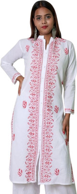 INDICRAFT Women Chikan Embroidery Frontslit Kurta(Pink)