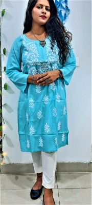 droti faishion collection Women Embroidered Straight Kurta(Light Blue)