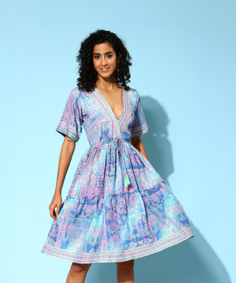 Runway Dreams Women Printed Ethnic Dress Kurta(Blue)