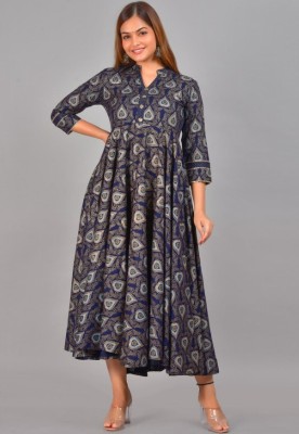 AKSONI Women Printed Anarkali Kurta(Dark Blue)