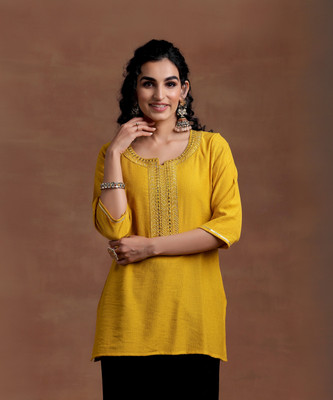 LIBAS Women Self Design Straight Kurta(Yellow)