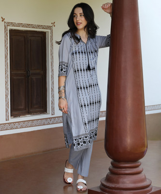 QISSA Women Printed A-line Kurta(Blue, Black)