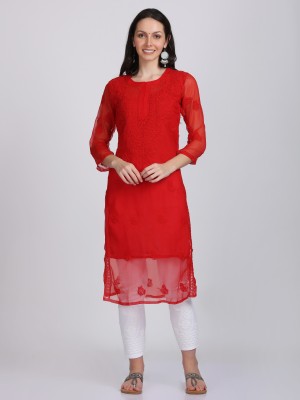 khaka Women Embroidered Straight Kurta(Red)