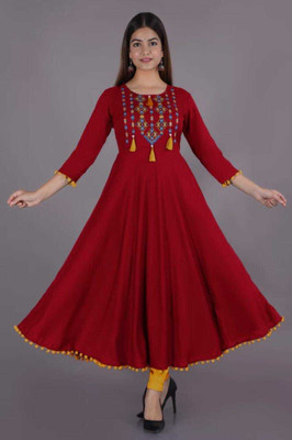 MUHAL Women Self Design Gown Kurta(Green)