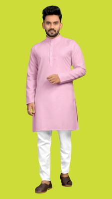 M Biswas Men Solid A-line Kurta(Pink)
