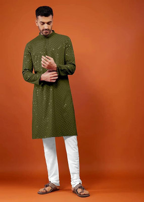 BDIVINE Men Chikan Embroidery A-line Kurta(Dark Green)
